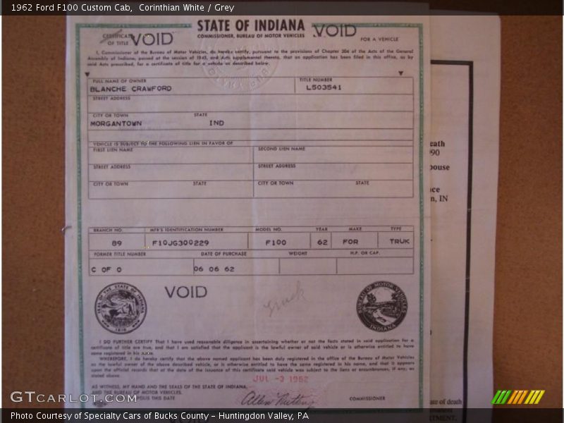 Corinthian White / Grey 1962 Ford F100 Custom Cab
