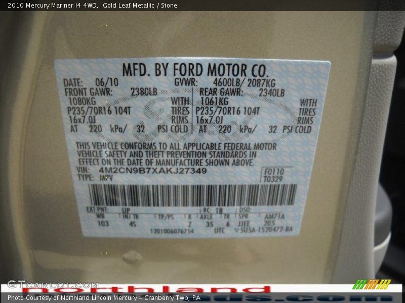 Gold Leaf Metallic / Stone 2010 Mercury Mariner I4 4WD