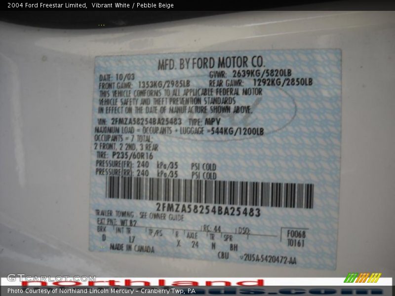 Vibrant White / Pebble Beige 2004 Ford Freestar Limited