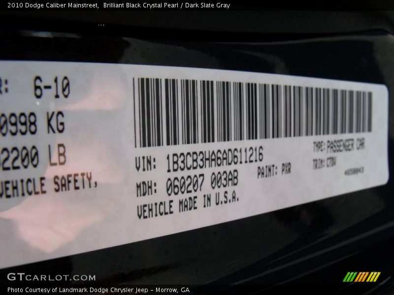 Brilliant Black Crystal Pearl / Dark Slate Gray 2010 Dodge Caliber Mainstreet