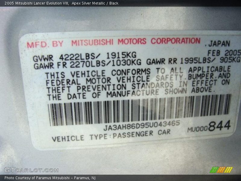 Apex Silver Metallic / Black 2005 Mitsubishi Lancer Evolution VIII