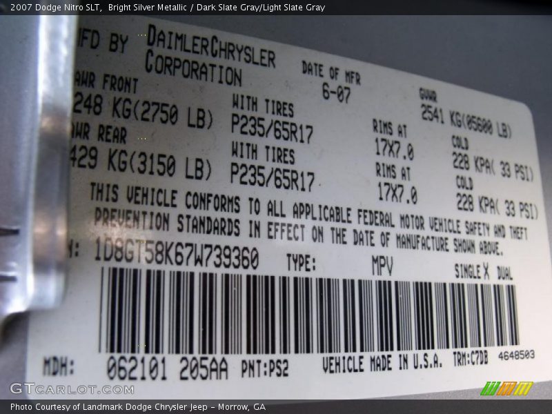Bright Silver Metallic / Dark Slate Gray/Light Slate Gray 2007 Dodge Nitro SLT
