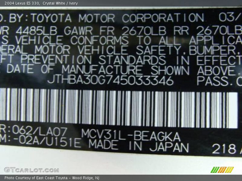 Crystal White / Ivory 2004 Lexus ES 330
