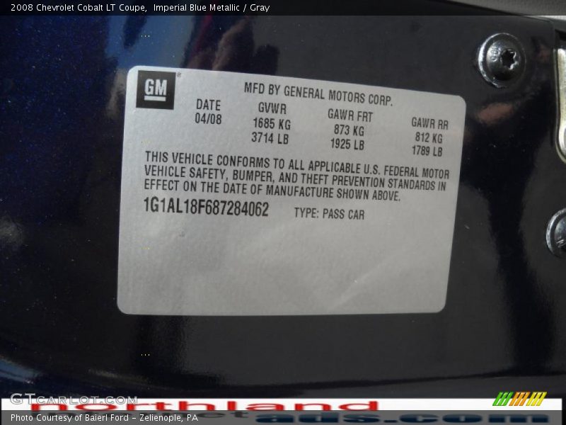 Imperial Blue Metallic / Gray 2008 Chevrolet Cobalt LT Coupe