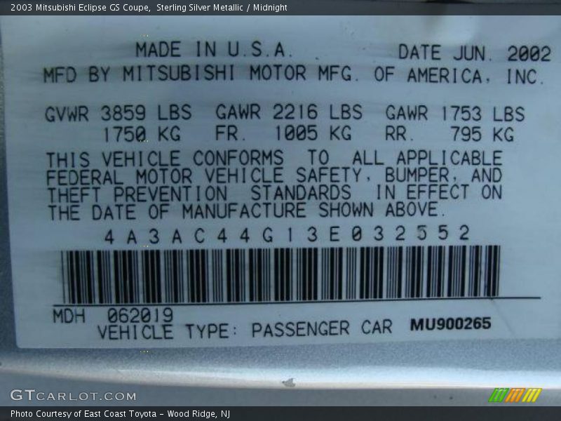 Sterling Silver Metallic / Midnight 2003 Mitsubishi Eclipse GS Coupe