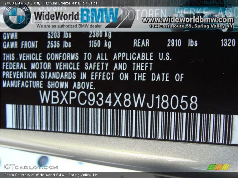 Platinum Bronze Metallic / Beige 2008 BMW X3 3.0si