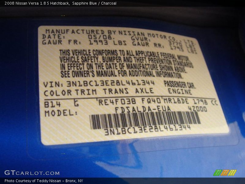 Sapphire Blue / Charcoal 2008 Nissan Versa 1.8 S Hatchback
