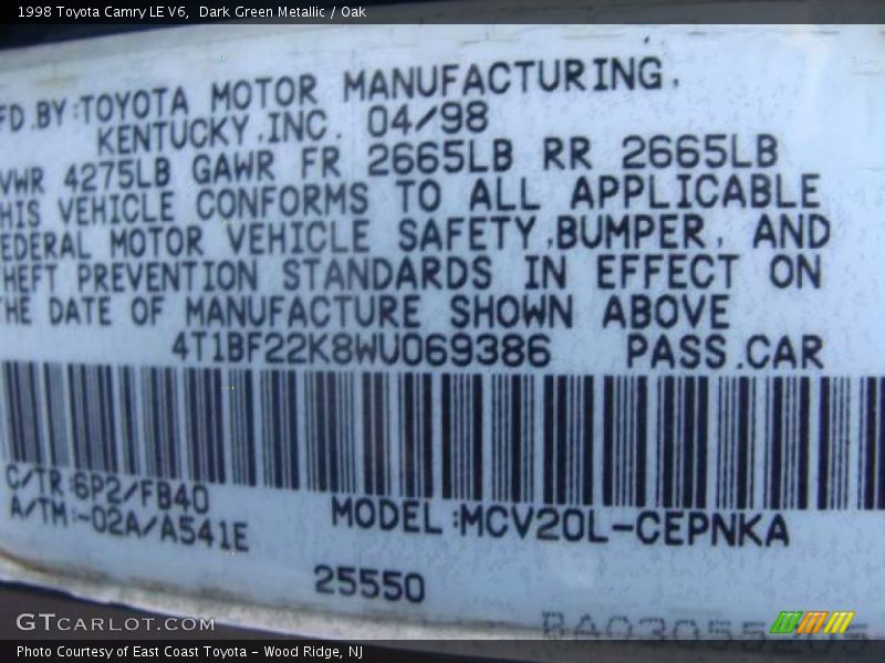 Dark Green Metallic / Oak 1998 Toyota Camry LE V6