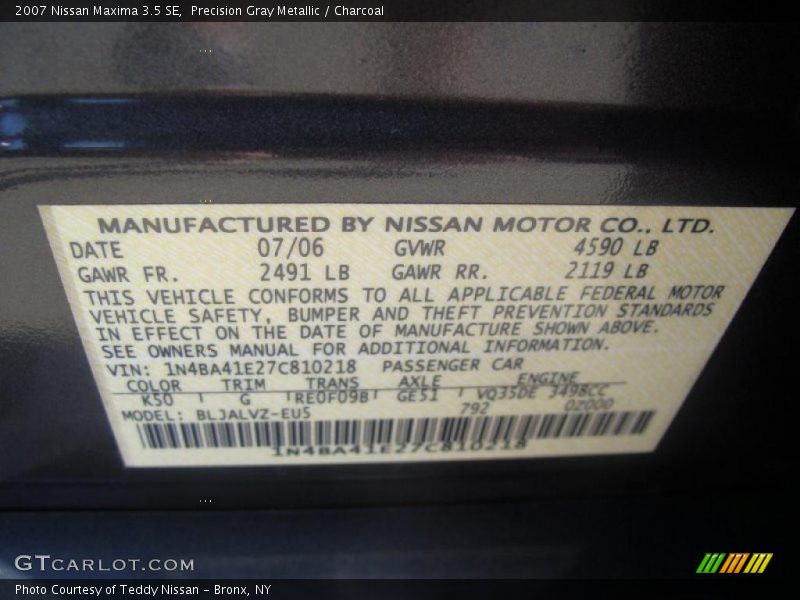 Precision Gray Metallic / Charcoal 2007 Nissan Maxima 3.5 SE