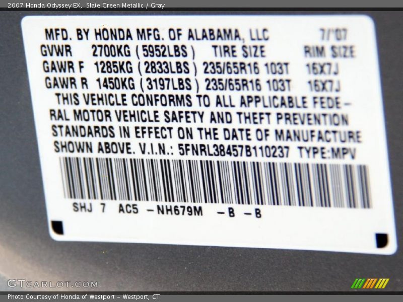 Slate Green Metallic / Gray 2007 Honda Odyssey EX