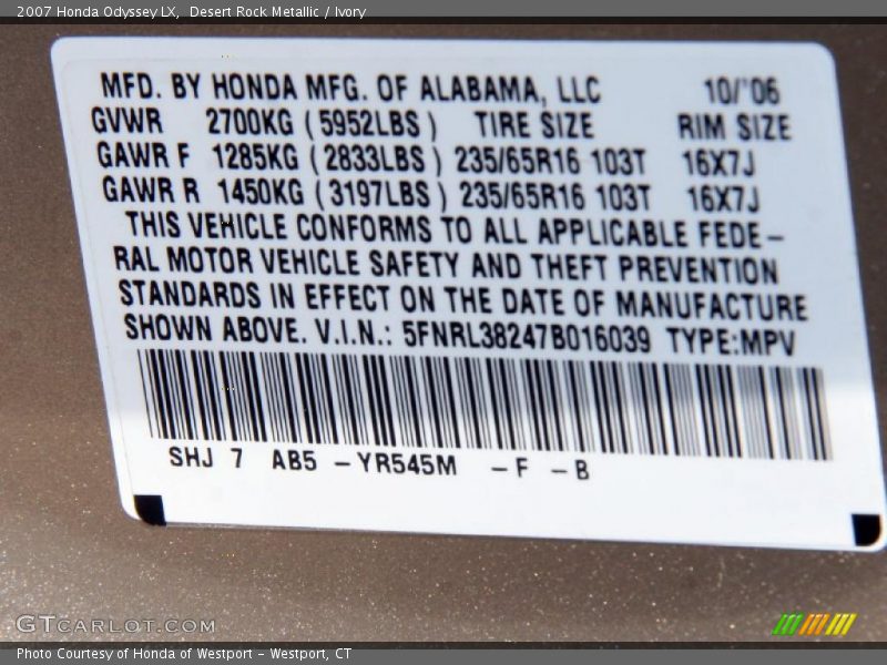 Desert Rock Metallic / Ivory 2007 Honda Odyssey LX