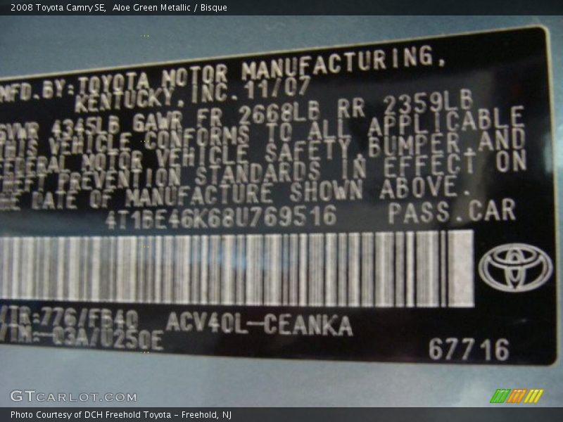Aloe Green Metallic / Bisque 2008 Toyota Camry SE