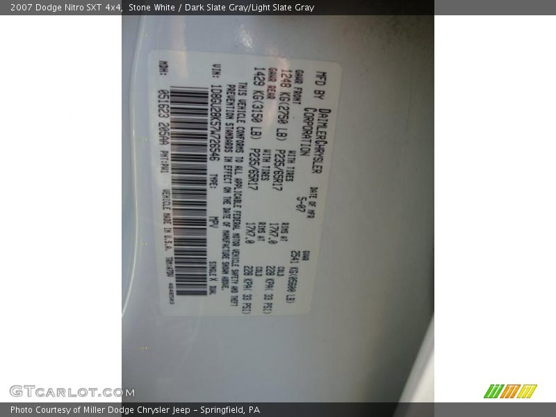 Stone White / Dark Slate Gray/Light Slate Gray 2007 Dodge Nitro SXT 4x4