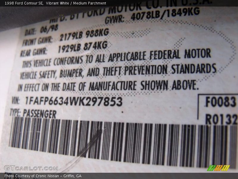 Vibrant White / Medium Parchment 1998 Ford Contour SE