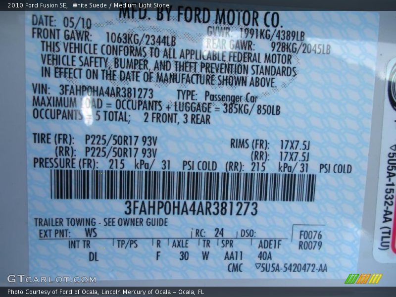 White Suede / Medium Light Stone 2010 Ford Fusion SE