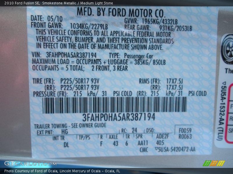 Smokestone Metallic / Medium Light Stone 2010 Ford Fusion SE