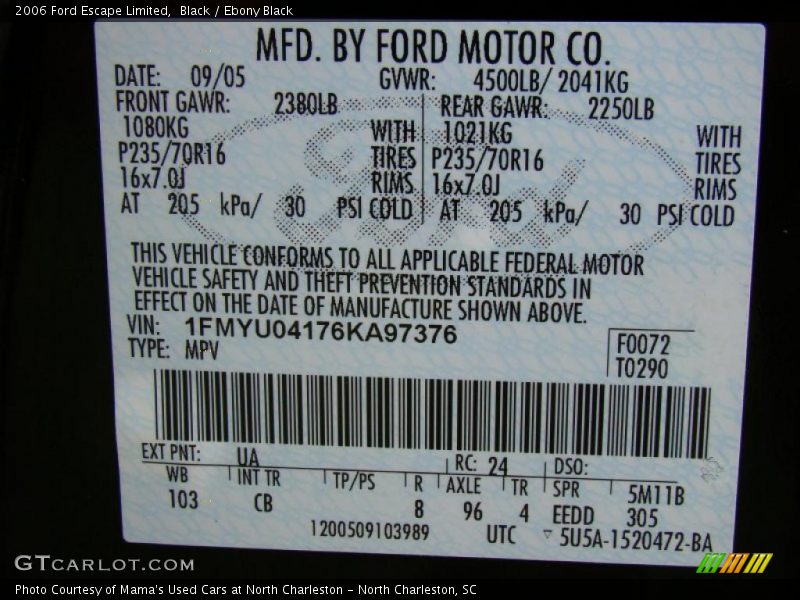 Black / Ebony Black 2006 Ford Escape Limited