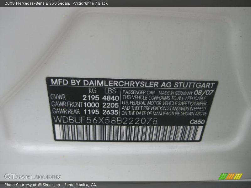 Arctic White / Black 2008 Mercedes-Benz E 350 Sedan