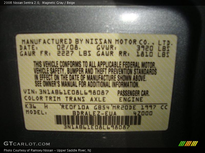 Magnetic Gray / Beige 2008 Nissan Sentra 2.0