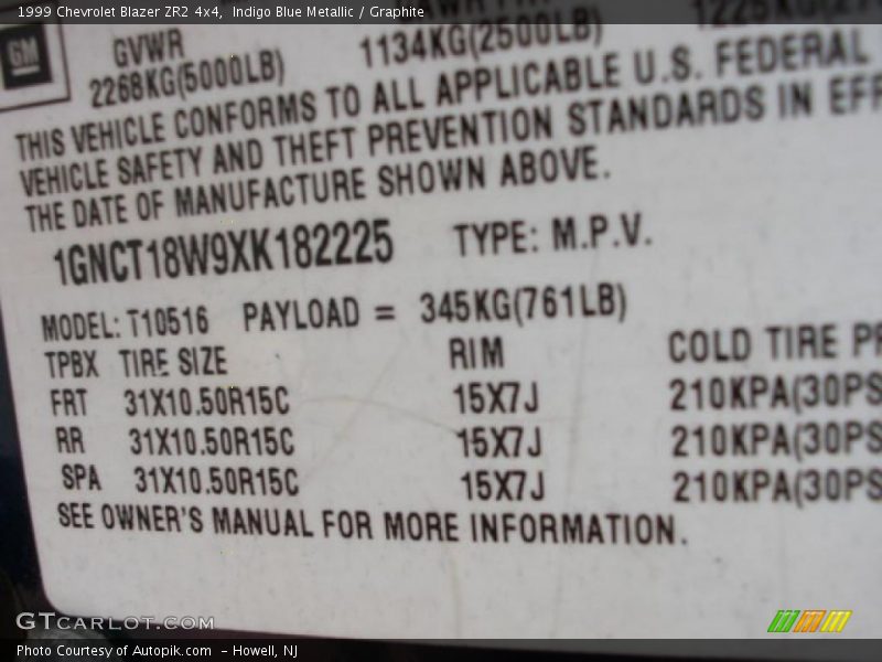 Indigo Blue Metallic / Graphite 1999 Chevrolet Blazer ZR2 4x4