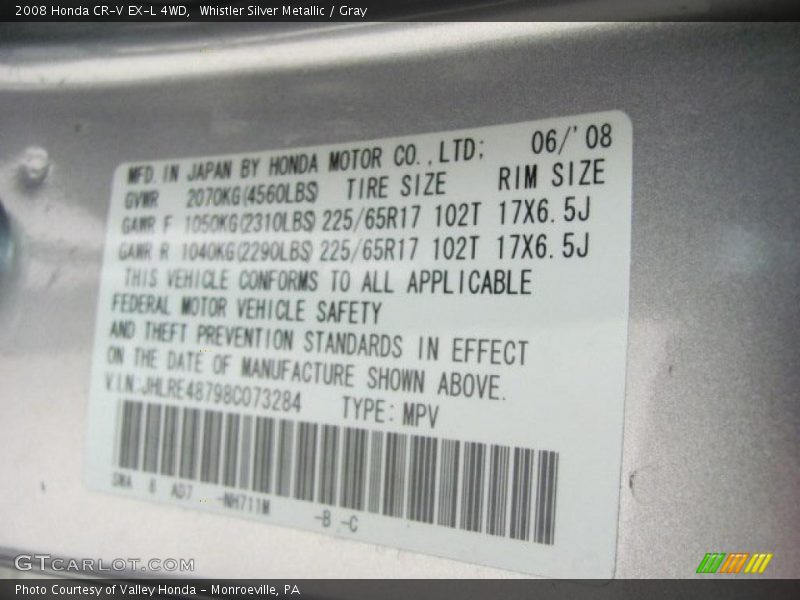 Whistler Silver Metallic / Gray 2008 Honda CR-V EX-L 4WD