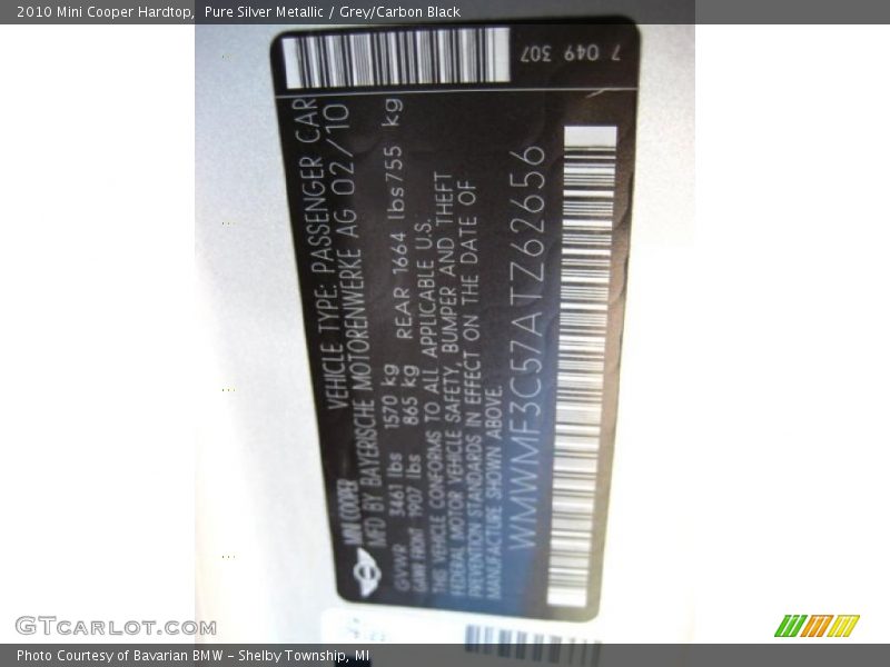 Pure Silver Metallic / Grey/Carbon Black 2010 Mini Cooper Hardtop