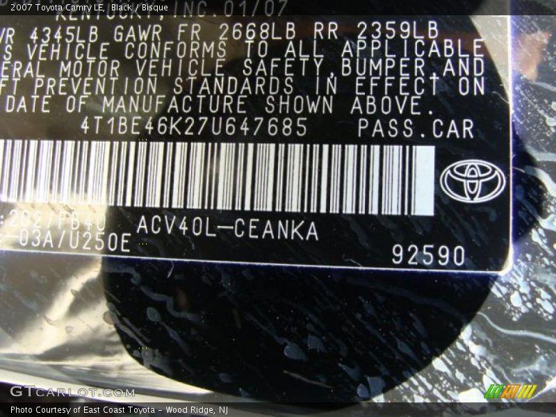 Black / Bisque 2007 Toyota Camry LE