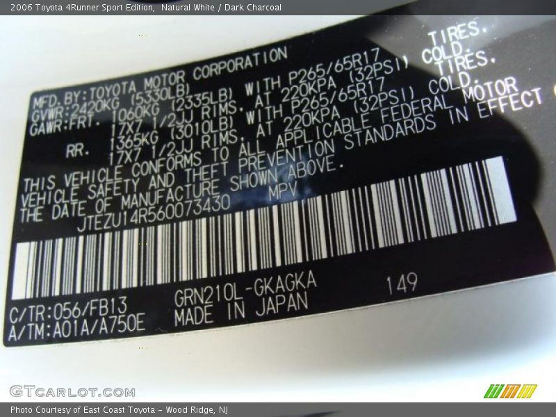 Natural White / Dark Charcoal 2006 Toyota 4Runner Sport Edition