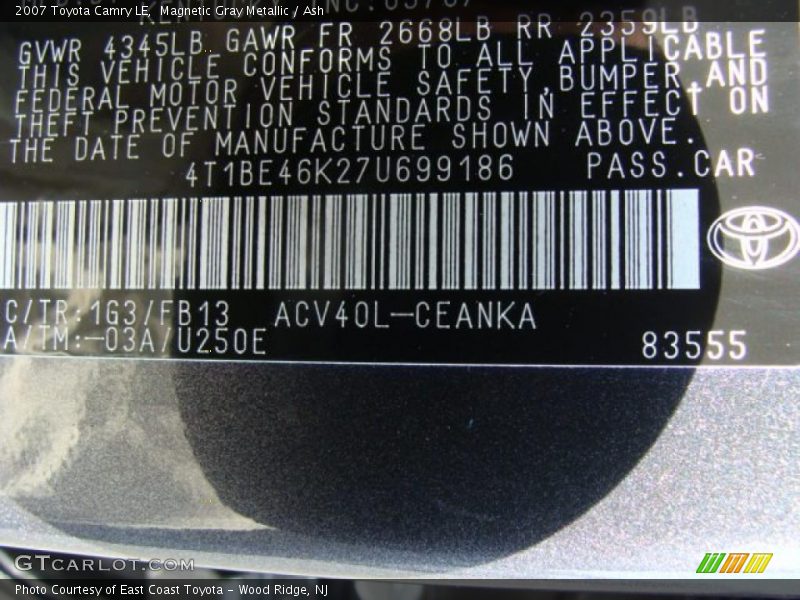 Magnetic Gray Metallic / Ash 2007 Toyota Camry LE