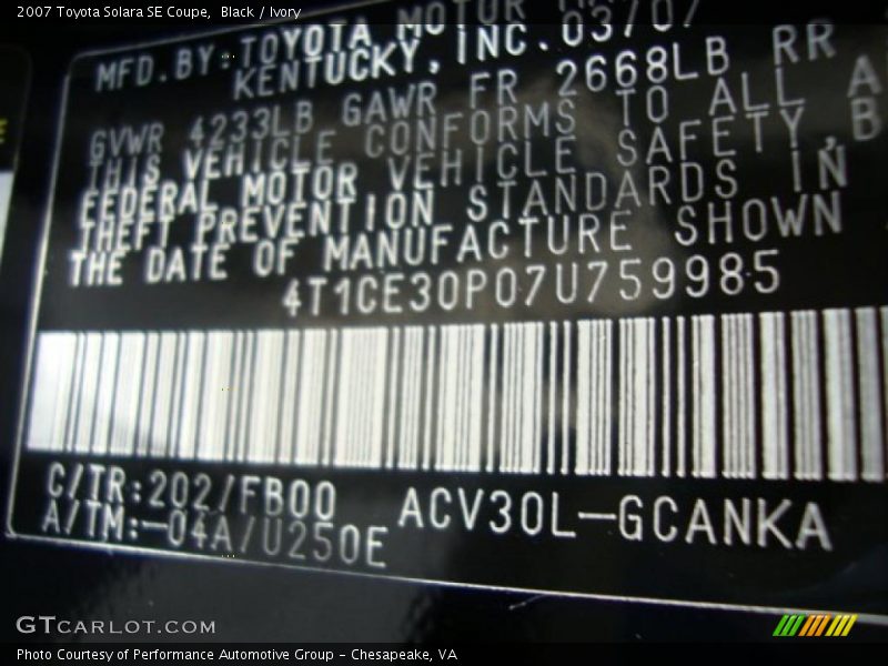 Black / Ivory 2007 Toyota Solara SE Coupe