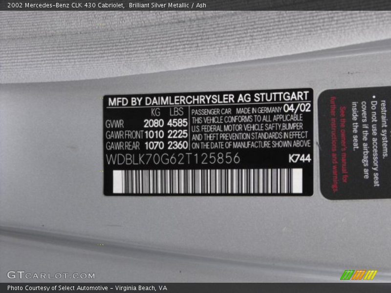 Brilliant Silver Metallic / Ash 2002 Mercedes-Benz CLK 430 Cabriolet