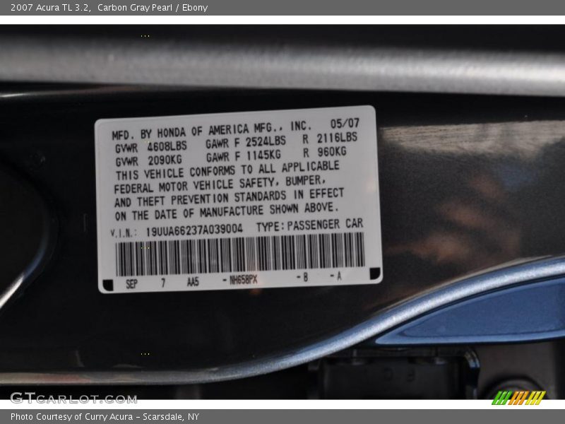 Carbon Gray Pearl / Ebony 2007 Acura TL 3.2
