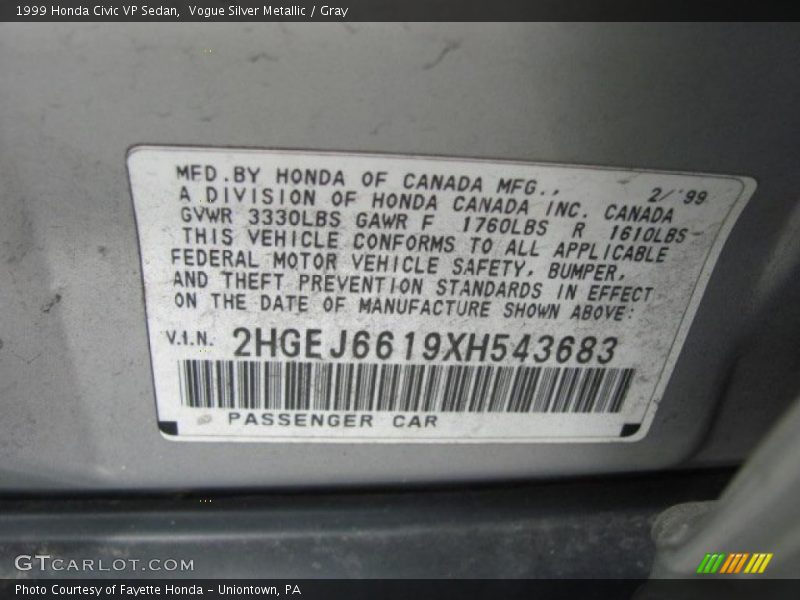 Vogue Silver Metallic / Gray 1999 Honda Civic VP Sedan