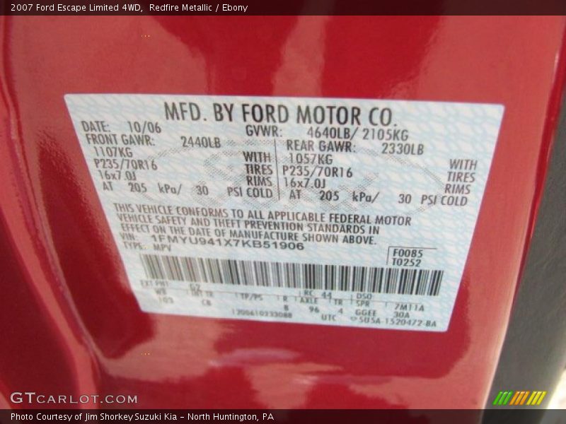 Redfire Metallic / Ebony 2007 Ford Escape Limited 4WD