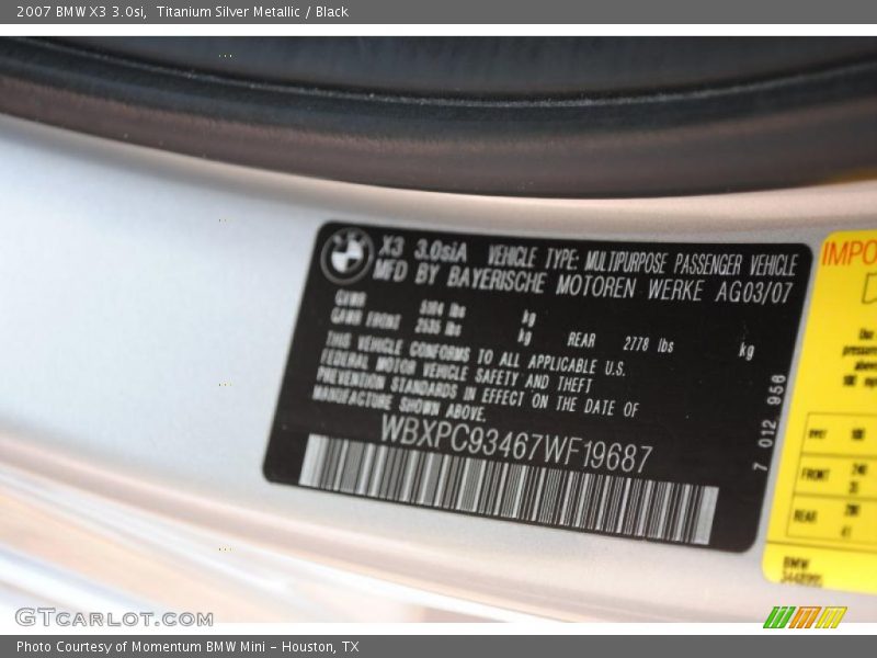 Titanium Silver Metallic / Black 2007 BMW X3 3.0si