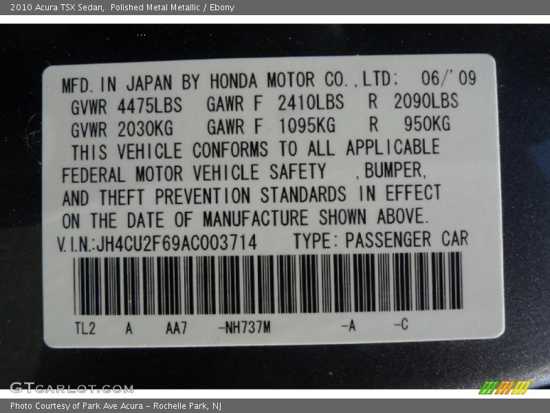 2010 TSX Sedan Polished Metal Metallic Color Code NH737M