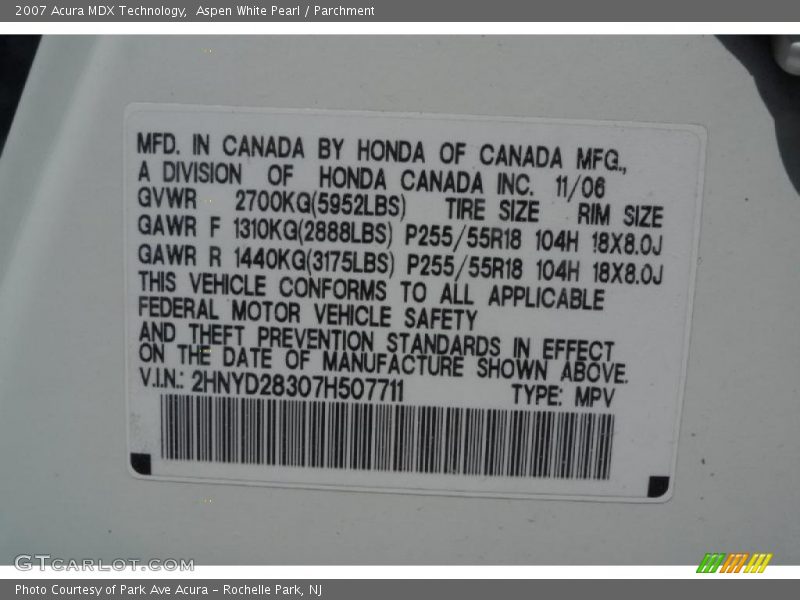Aspen White Pearl / Parchment 2007 Acura MDX Technology