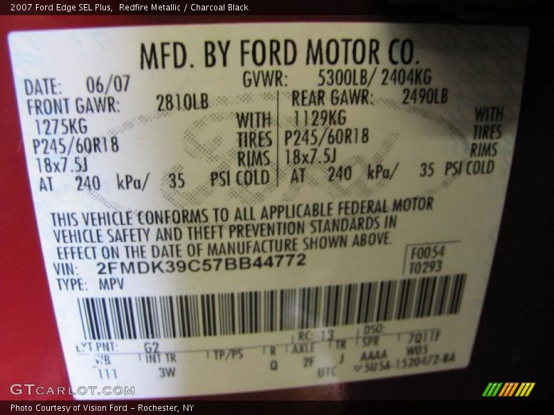 Redfire Metallic / Charcoal Black 2007 Ford Edge SEL Plus