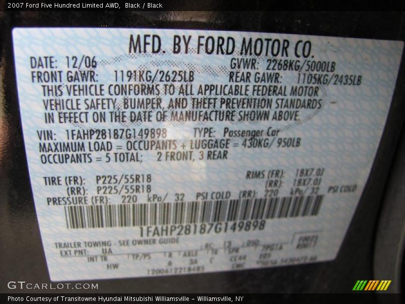 Black / Black 2007 Ford Five Hundred Limited AWD