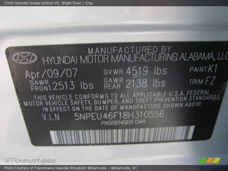 Bright Silver / Gray 2008 Hyundai Sonata Limited V6