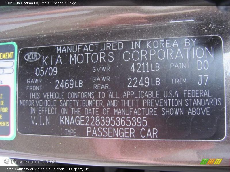 Metal Bronze / Beige 2009 Kia Optima LX