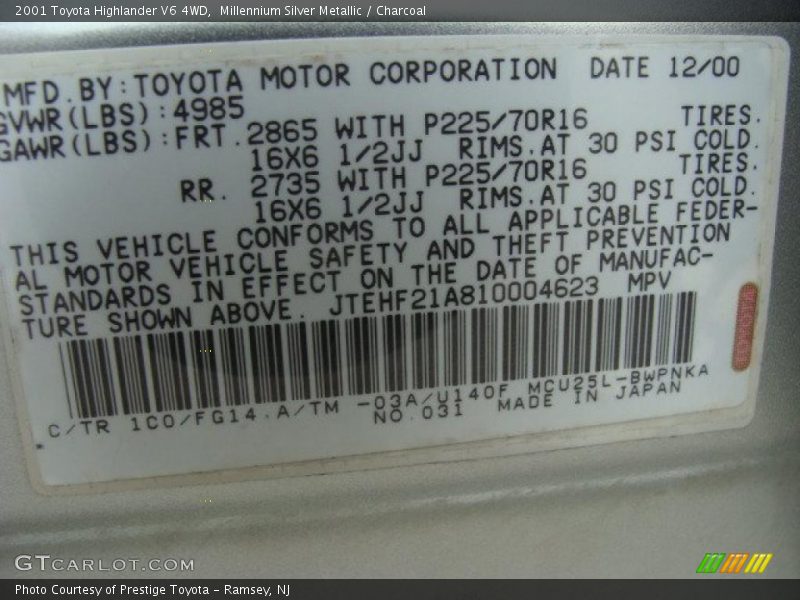 Millennium Silver Metallic / Charcoal 2001 Toyota Highlander V6 4WD