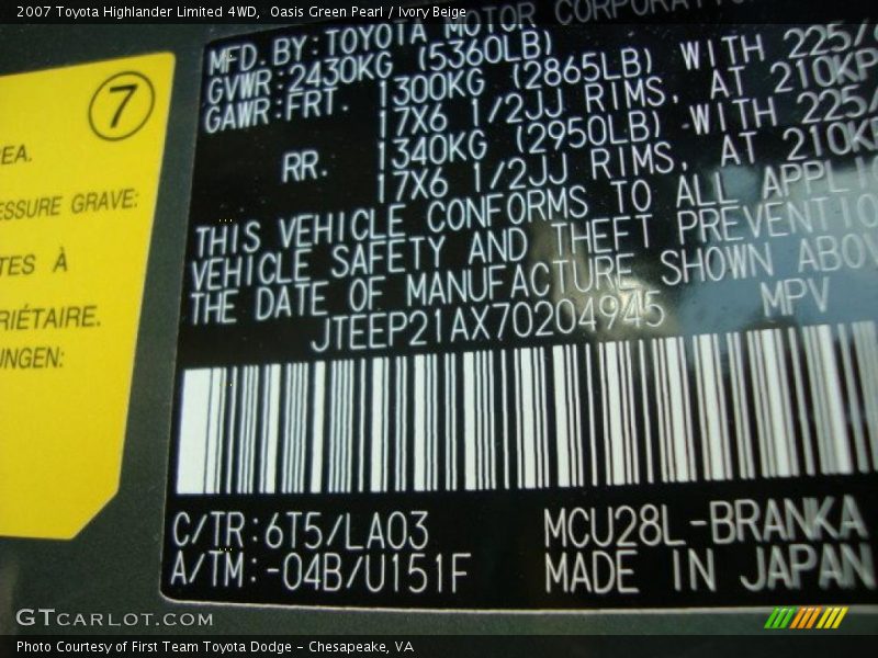Oasis Green Pearl / Ivory Beige 2007 Toyota Highlander Limited 4WD