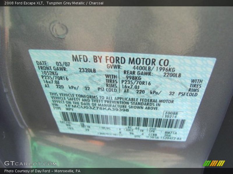 Tungsten Grey Metallic / Charcoal 2008 Ford Escape XLT