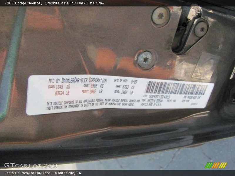 Graphite Metallic / Dark Slate Gray 2003 Dodge Neon SE