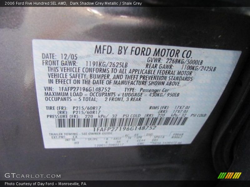 Dark Shadow Grey Metallic / Shale Grey 2006 Ford Five Hundred SEL AWD