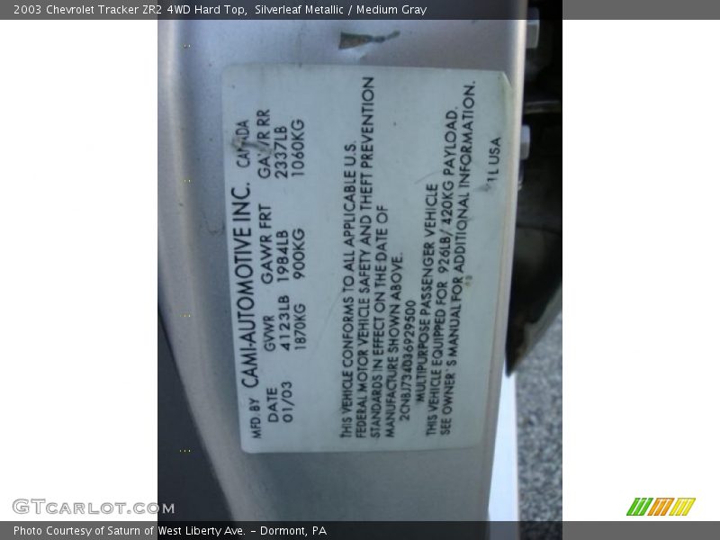 Silverleaf Metallic / Medium Gray 2003 Chevrolet Tracker ZR2 4WD Hard Top