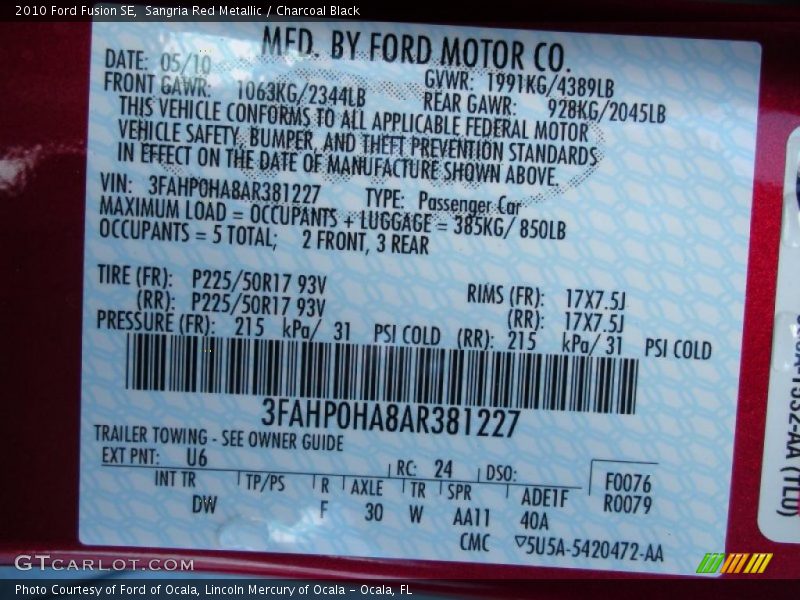 Sangria Red Metallic / Charcoal Black 2010 Ford Fusion SE