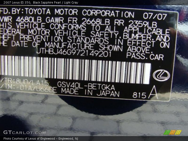 Black Sapphire Pearl / Light Gray 2007 Lexus ES 350