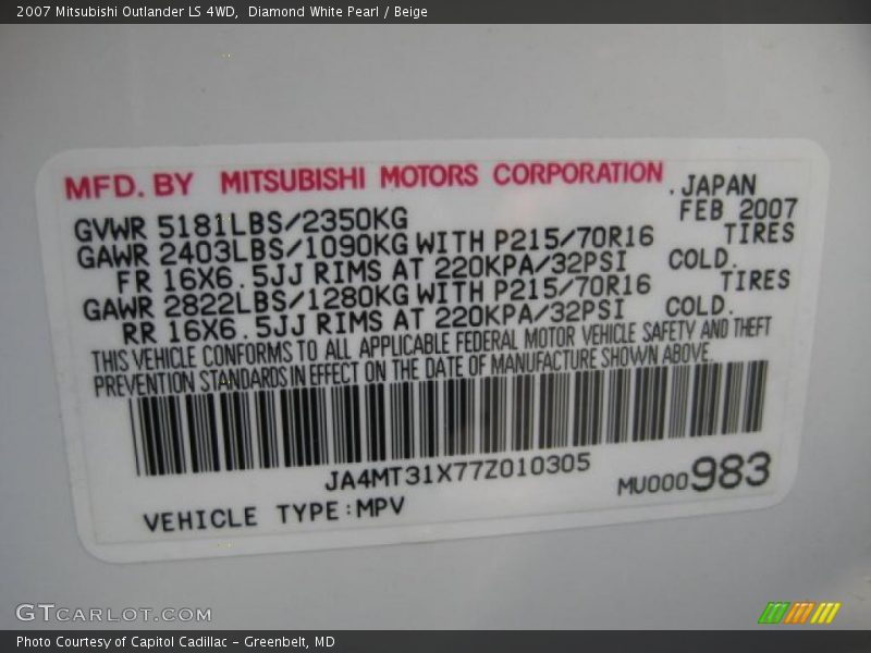 Diamond White Pearl / Beige 2007 Mitsubishi Outlander LS 4WD